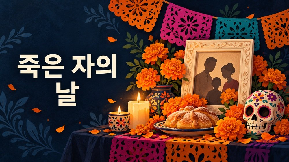죽은 자의 날을 주제로 해골 장식과 추모 사진 액자, 꽃과 종이 장식을 표현한 에디토리얼 일러스트