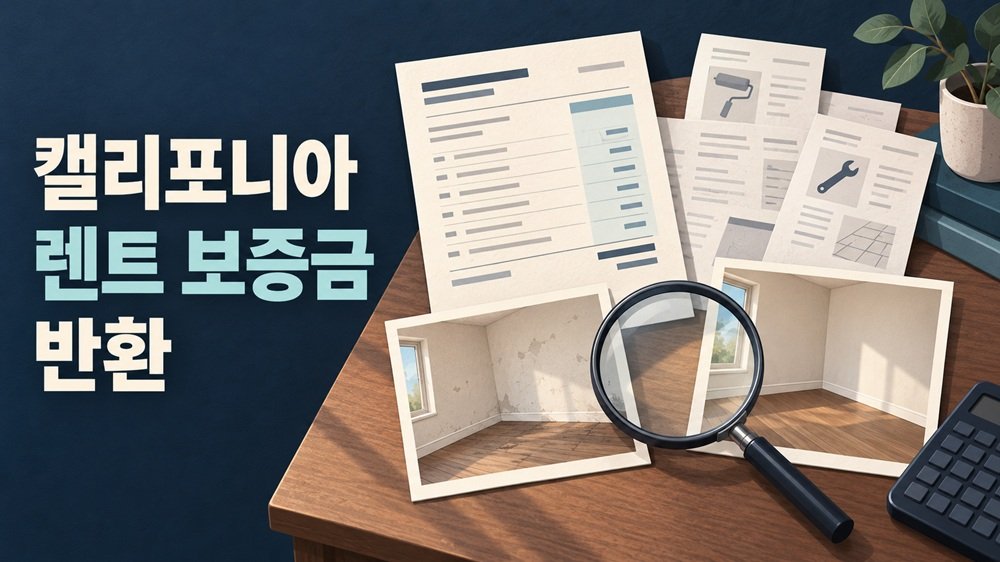 캘리포니아 렌트 보증금 반환 정산서와 청소·수리 사진, 비용 증빙을 대조하는 안내 일러스트