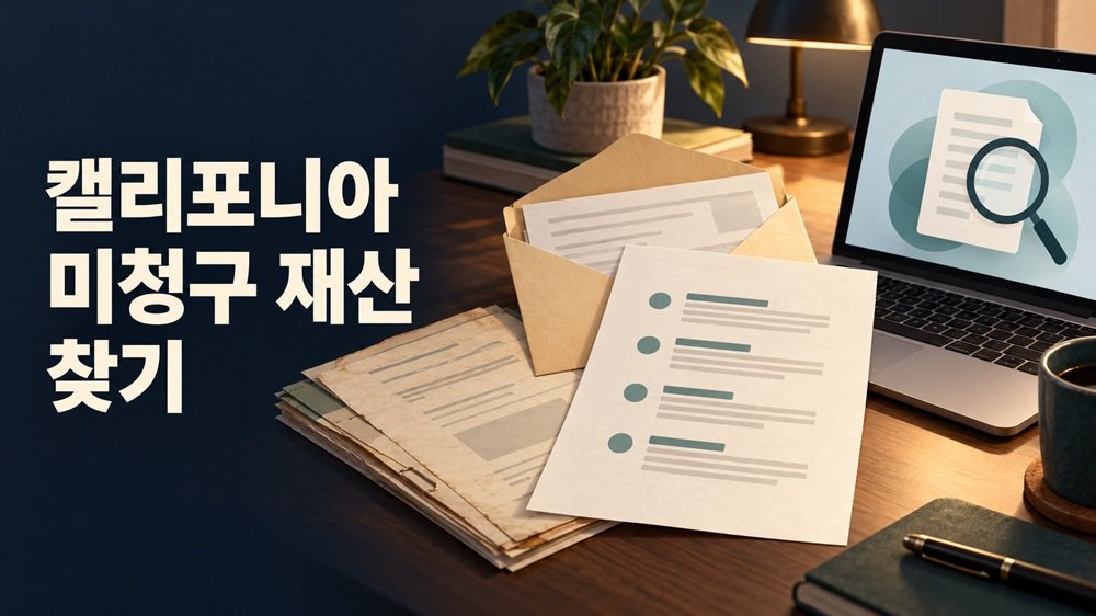 캘리포니아 미청구 재산 찾기를 위해 안내문의 발신자·보유기관·연락 기한·수수료를 살피는 서류와 노트북 일러스트