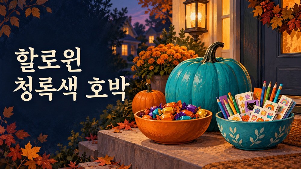 할로윈 청록색 호박 옆에 사탕과 스티커·연필을 별도 용기에 담아 놓은 따뜻한 미국 주택 현관 일러스트
